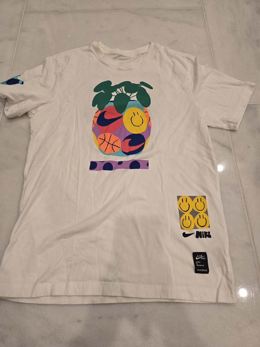 Nike White Multi-Color Graphic Smiley Basketball Tee
